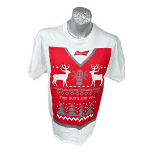Budweiser Beer  T-Shirt‎ Mens Shirt Size L Christmas White Red Print New